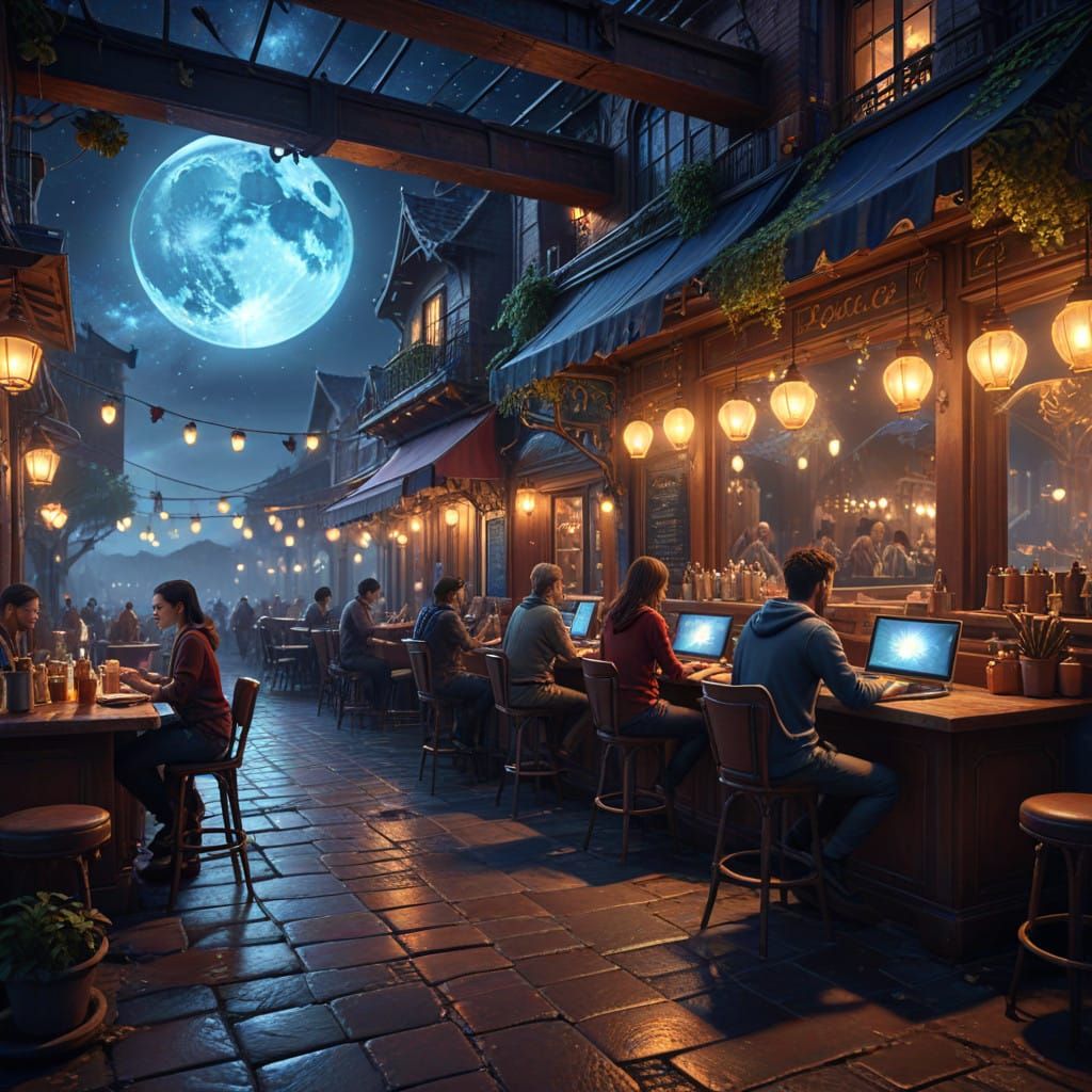 A night at night cafe, friends doing AI art on computers, warm, friendly   by @Mauve Marauder