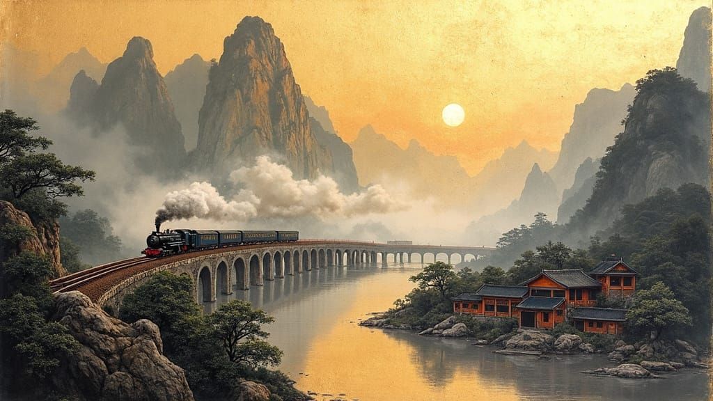 Black dripping Chinese ink a train on tracks in the sky between two mountains, river and Chinese villages ...  by @AutumnBear