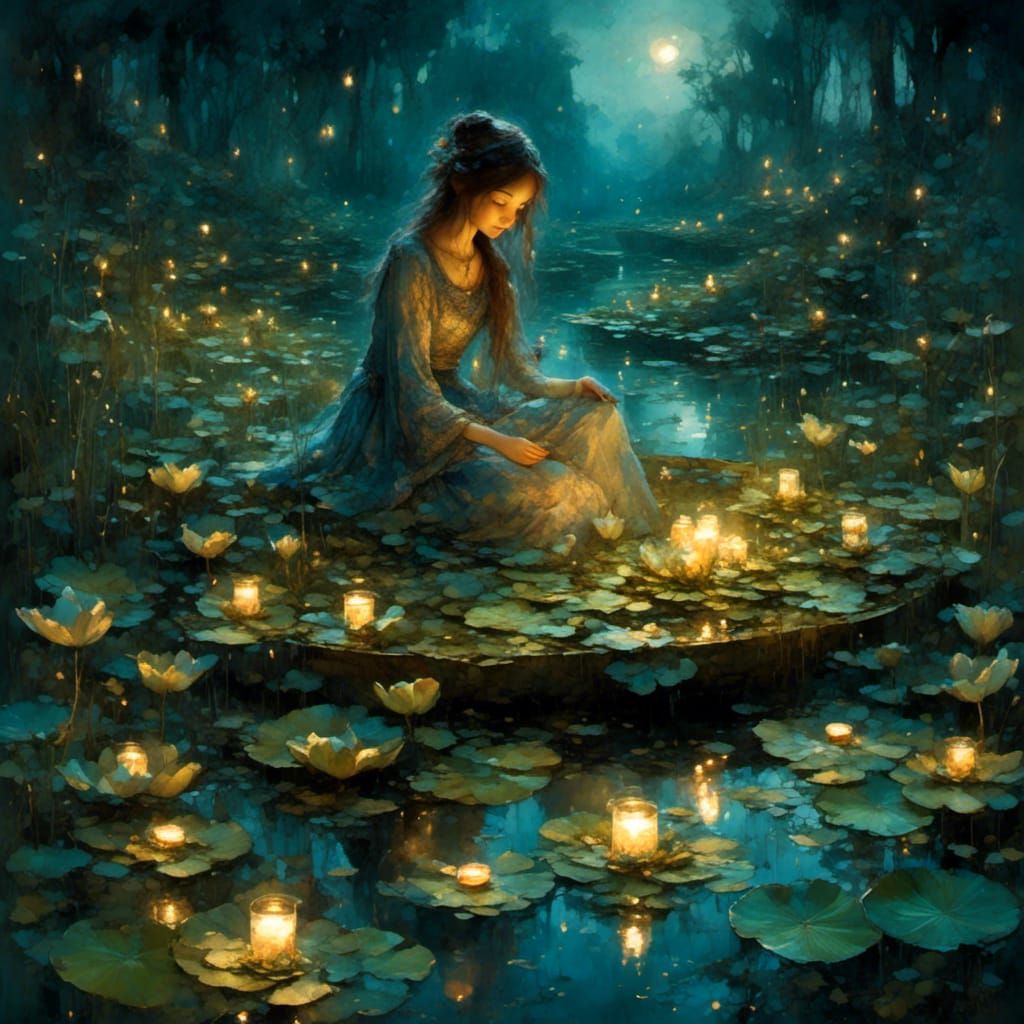 Girl on Lily Pad with Floating Tea Lights