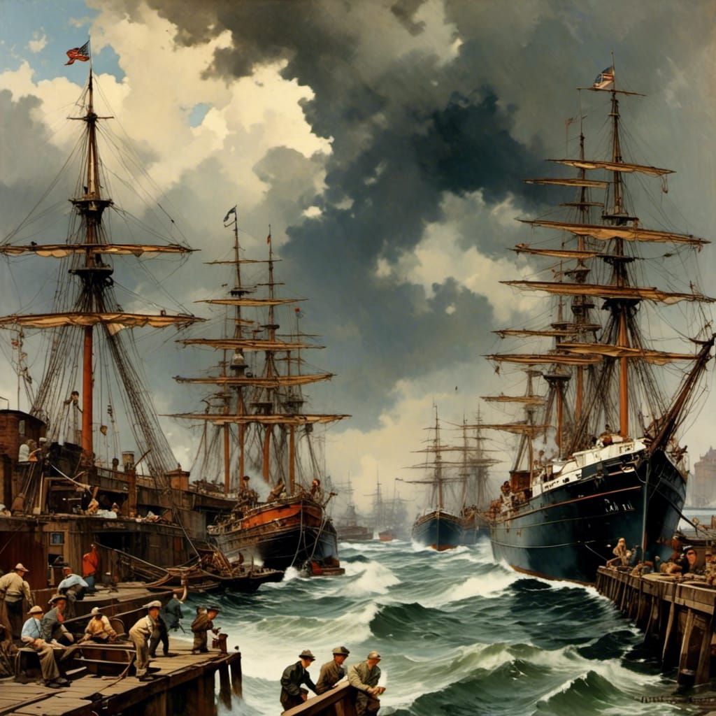  <lora:Norman Rockwell:1.0> an awe-inspiring view of docks during stormy weather