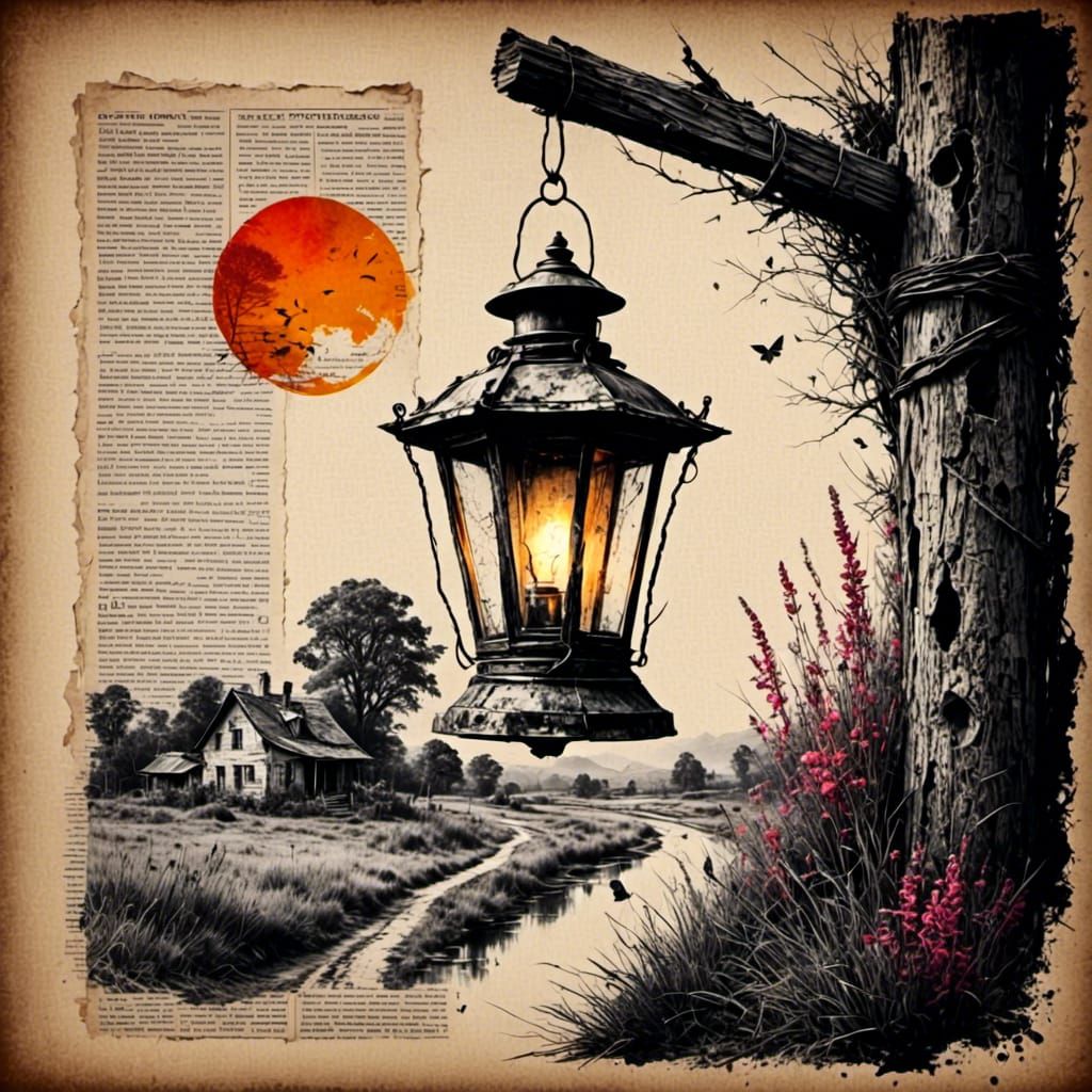<lora:CharcoalPop:1.0>  <lora:Berita:1.0> A flickering lantern hanging from an old wooden post, sketch, newspaper, with pops of colour