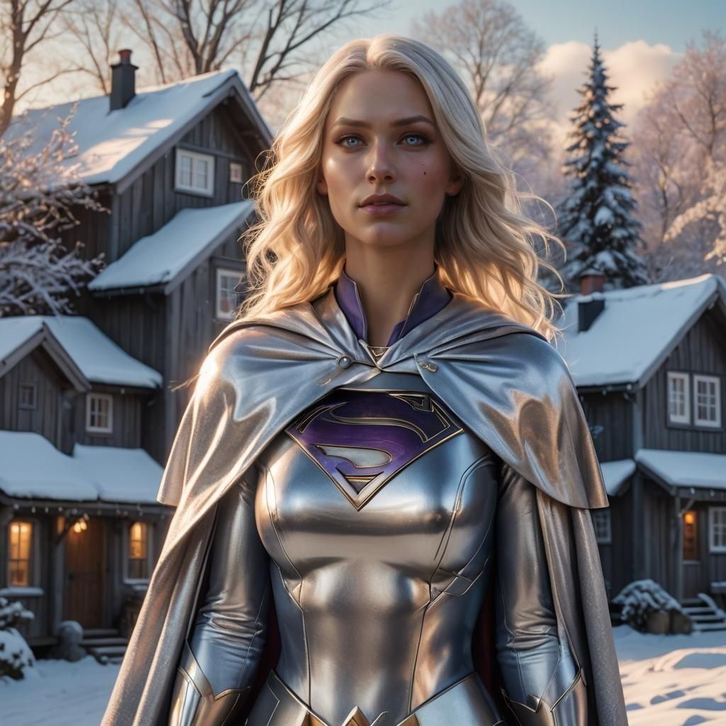 Concept art. Medium shot. Platinum blonde Supergirl with long hair in a silver outfit visits Oslo. Low-angle shot. Hyper-realistic with a de...