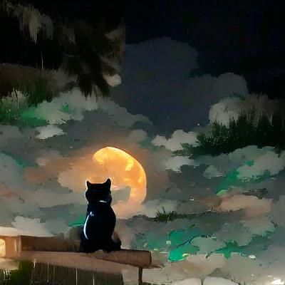 Black cat gazing at full moon 