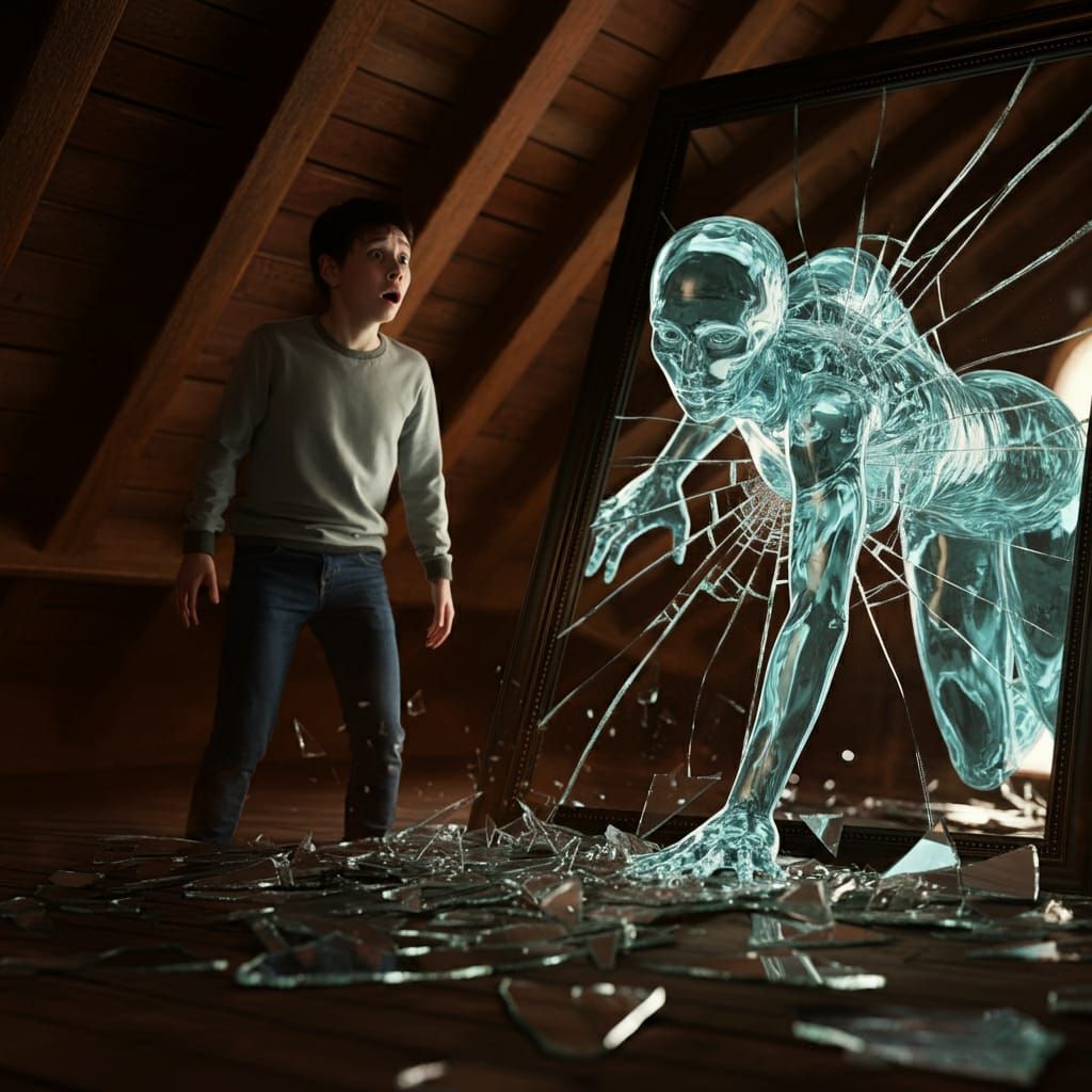 Glass monster emerging from cracked mirror