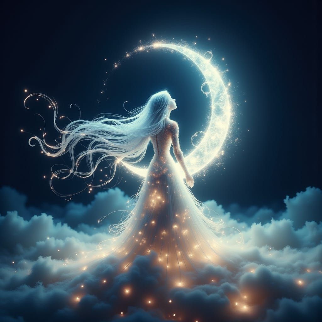 Transparent diaphanous hologram of a (moon (Goddess made entirely of glowing light:1.5) at night, stands in soft, cloudscape with heavenly b...