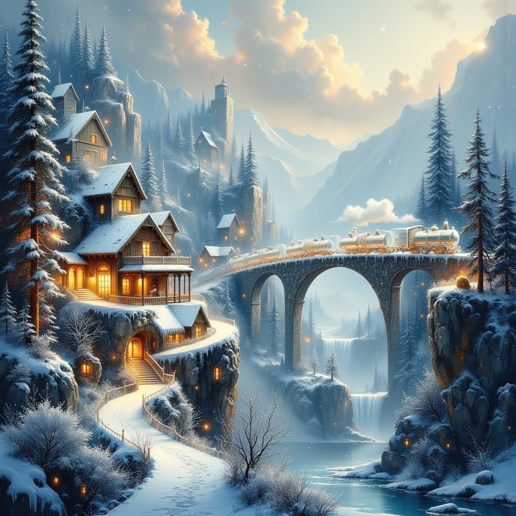 Magical Transparent Train in Snowy Winter Landscape