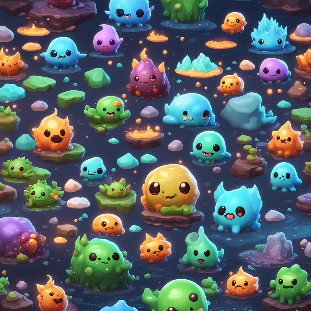 
chibi cute slimes using elemental powers  by @CandyLord