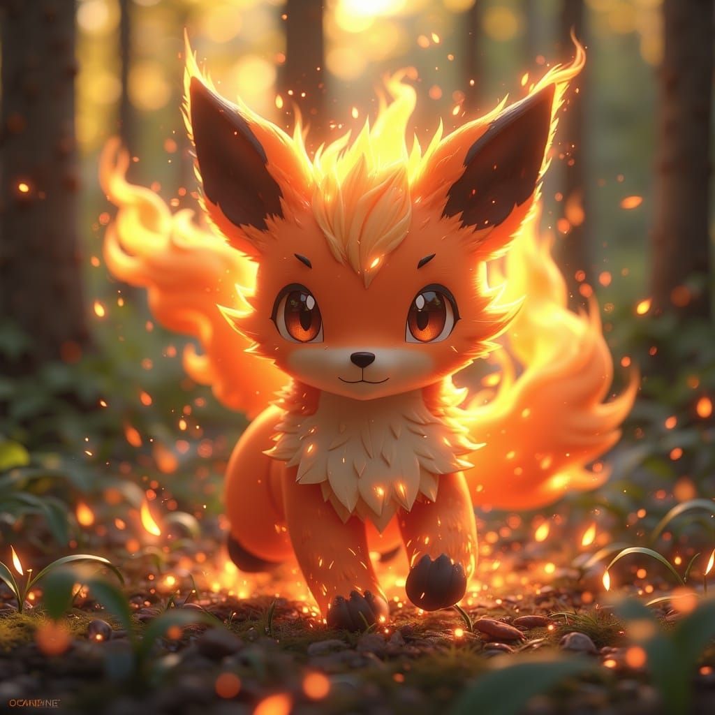 <lora:Fantasy Creatures:1.0> Fakemon, a fire-type Pokémon design, features orange fur with yellow highlights and sparkles, as well as cute f...