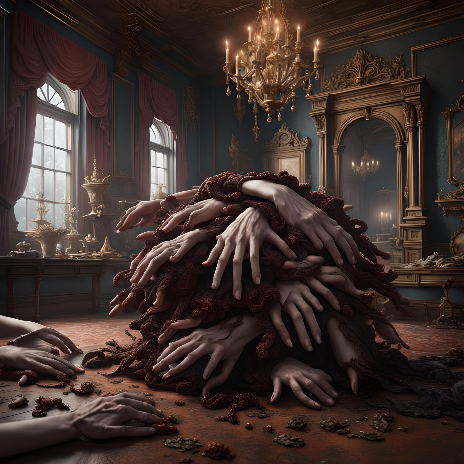 Still life of a pile of human hands in a fancy Victorian sty...