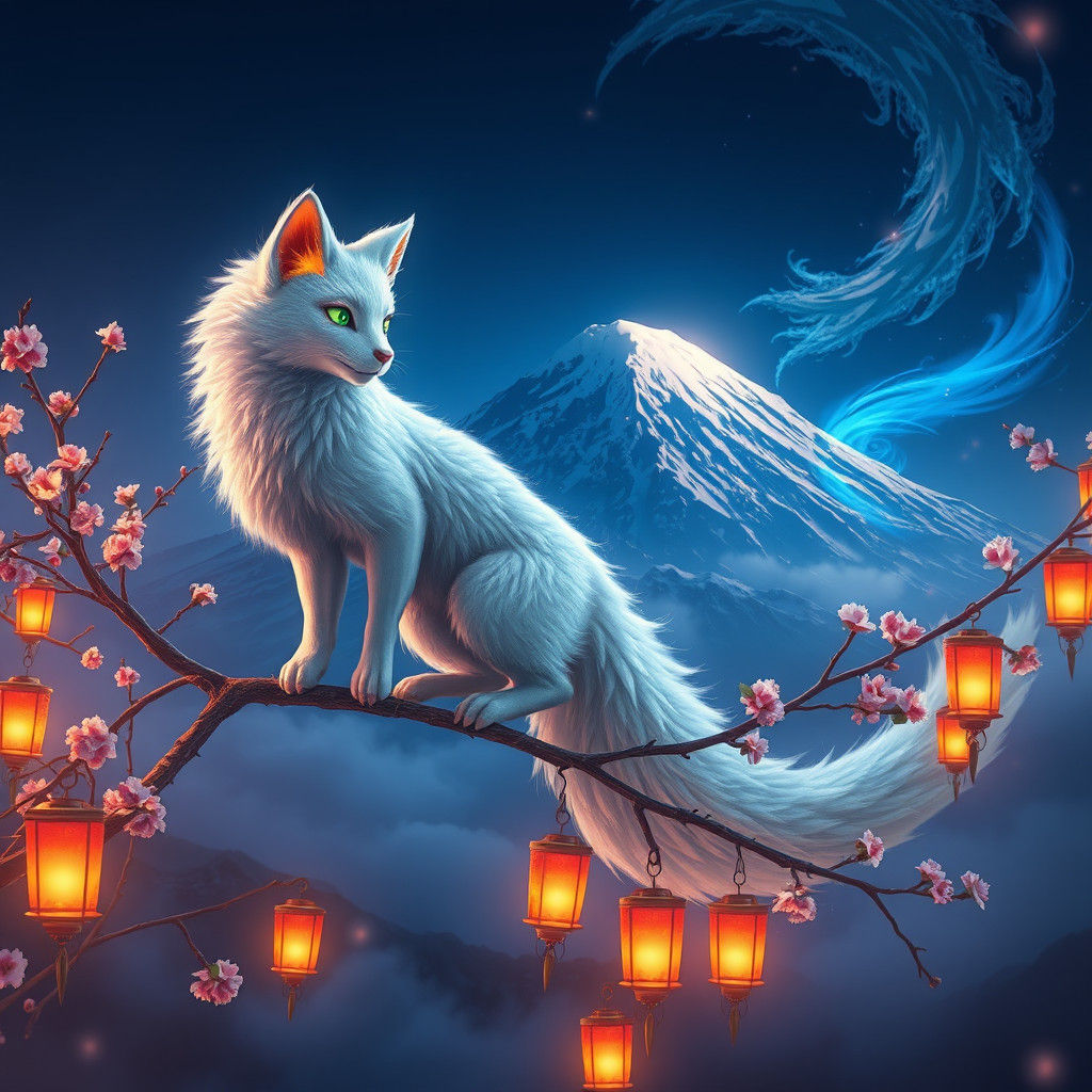 "Snowflakes swirl around Fuji's majestic peak, as a pack of ghostly, snow-white wolves roam the frozen landscape. A lone, snow-white kitsu...