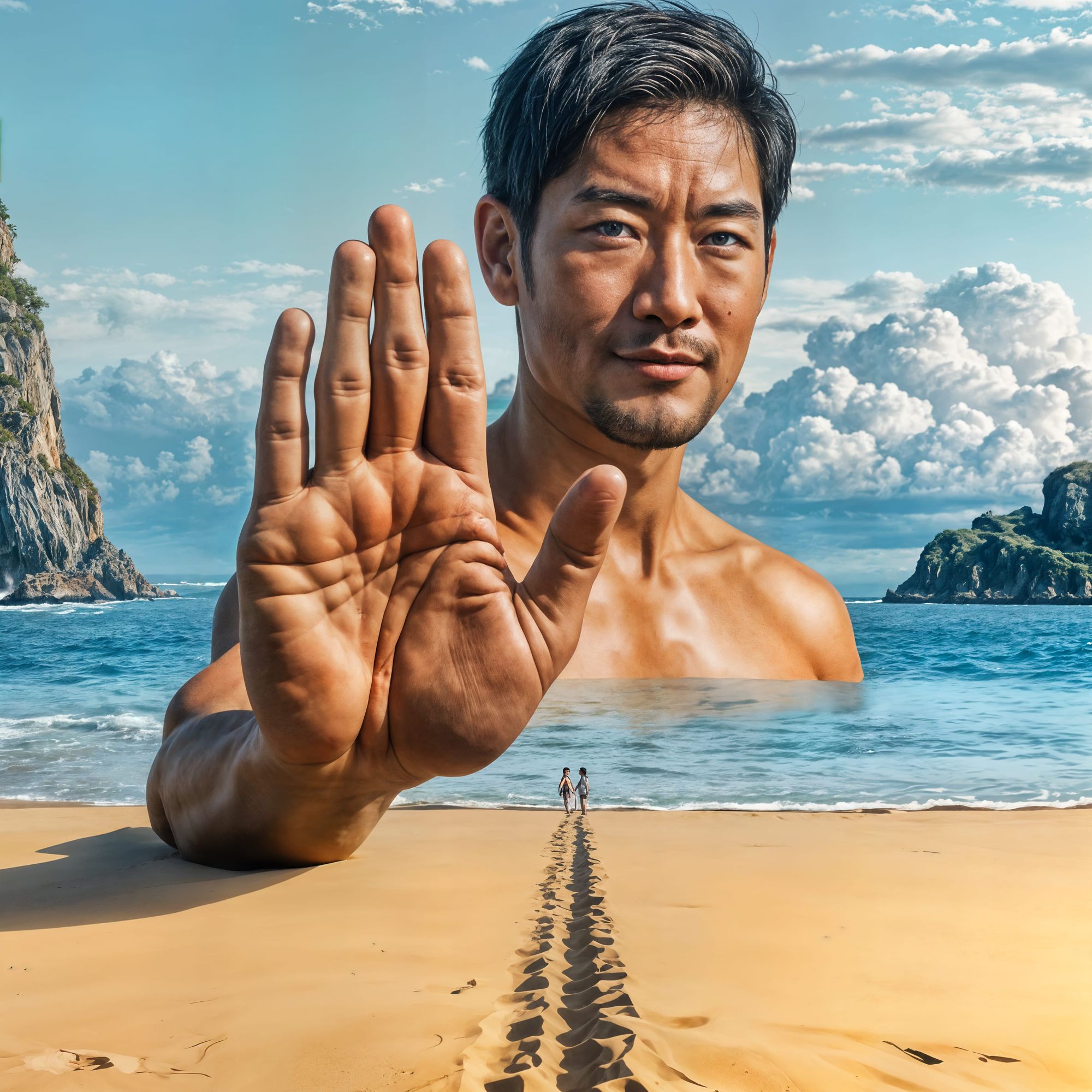 Illustration of a scene on a beach where an Asian man, displaying a firm and calm yet assertive demeanor, is signalling for someone to halt...