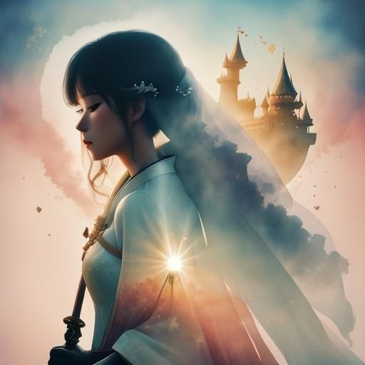 Sea, sand, sun, you and me, sweet honeymoon shot in the early morning soft light. watercolor by unknown artist. Merge a portrait with a natu...