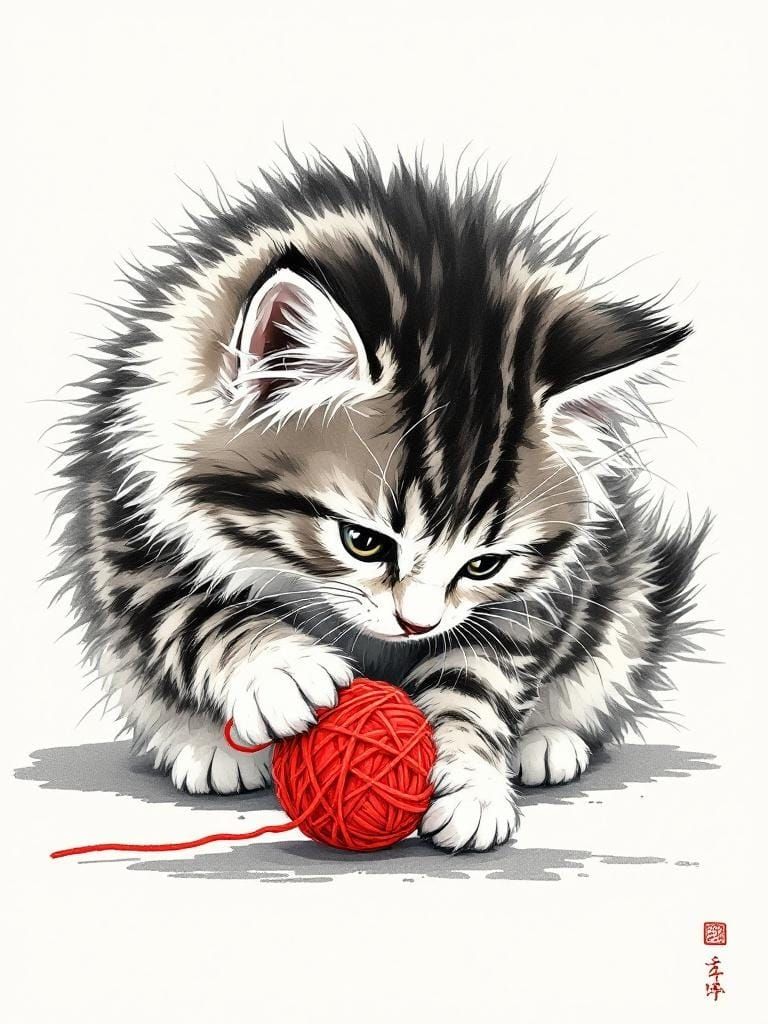 Fluffy Kitten and Red Yarn in Ink Illustration