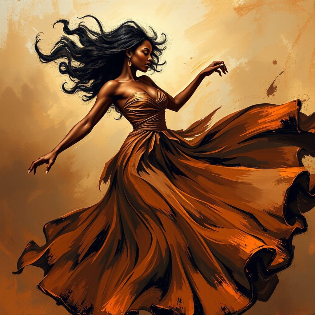 An abstract oil painting in the Impressionism style of a beautiful
African American woman in a dynamic ...  by @undefined