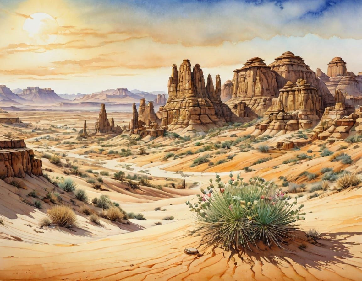 Wild West Town in Desert Landscape, Watercolor Style