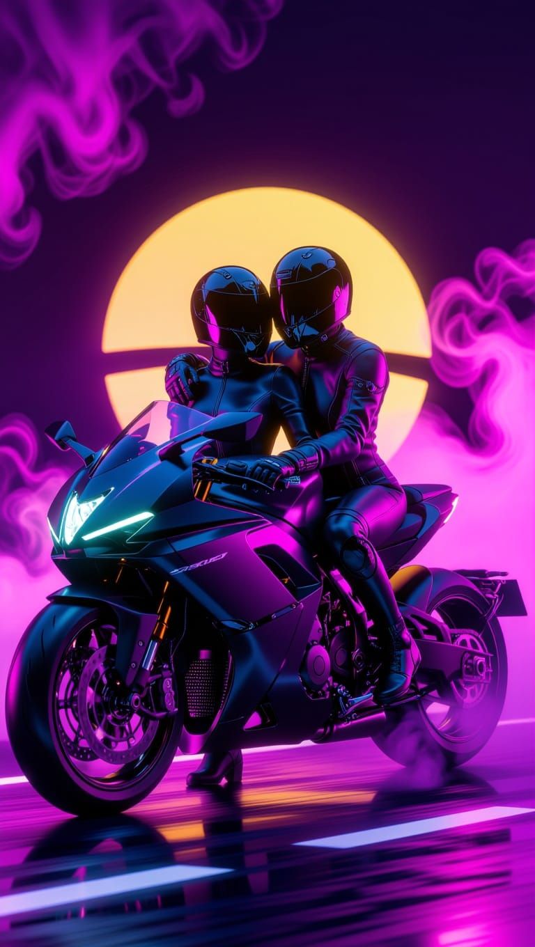 Ethereal Dark Fantasy Motorcycle Couple in Vibrant, High-Tec...