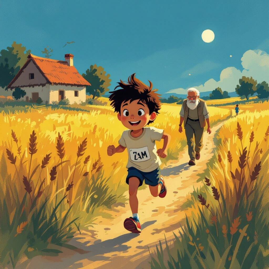 Determined Boy Runs Through Sunlit Fields