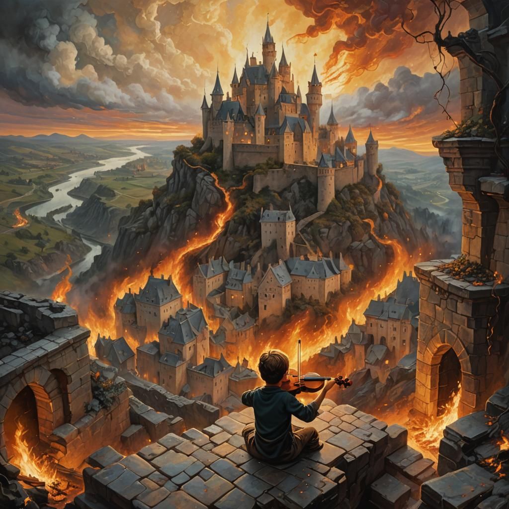Castle in Flames: Child Plays Violin Amidst Inferno