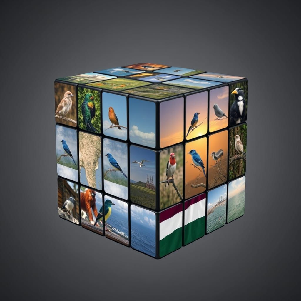 A surreal Rubik's cube that shows different scenes of differ...