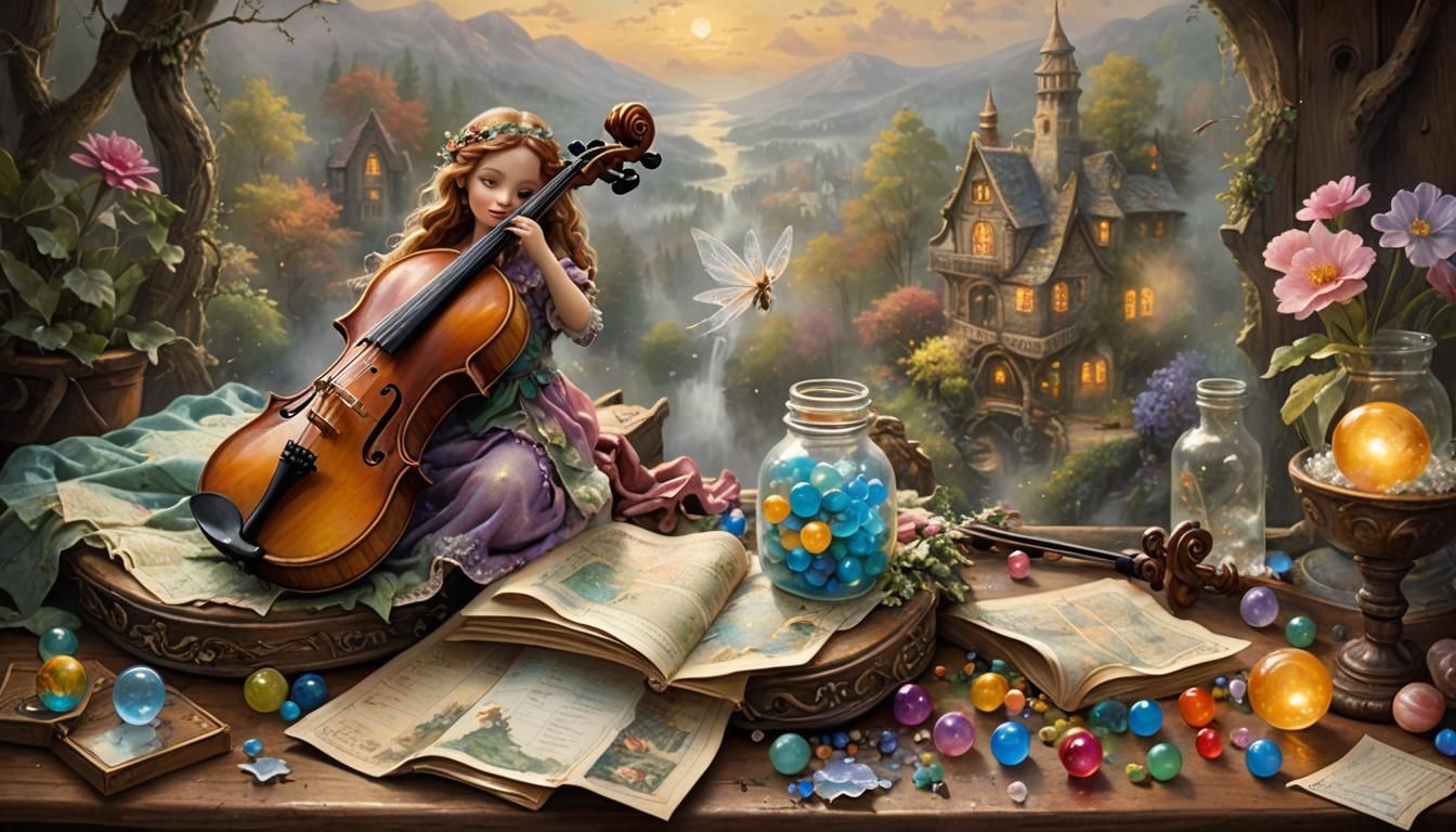 An eclectic mix of a traditional violin, an old map, and a j...