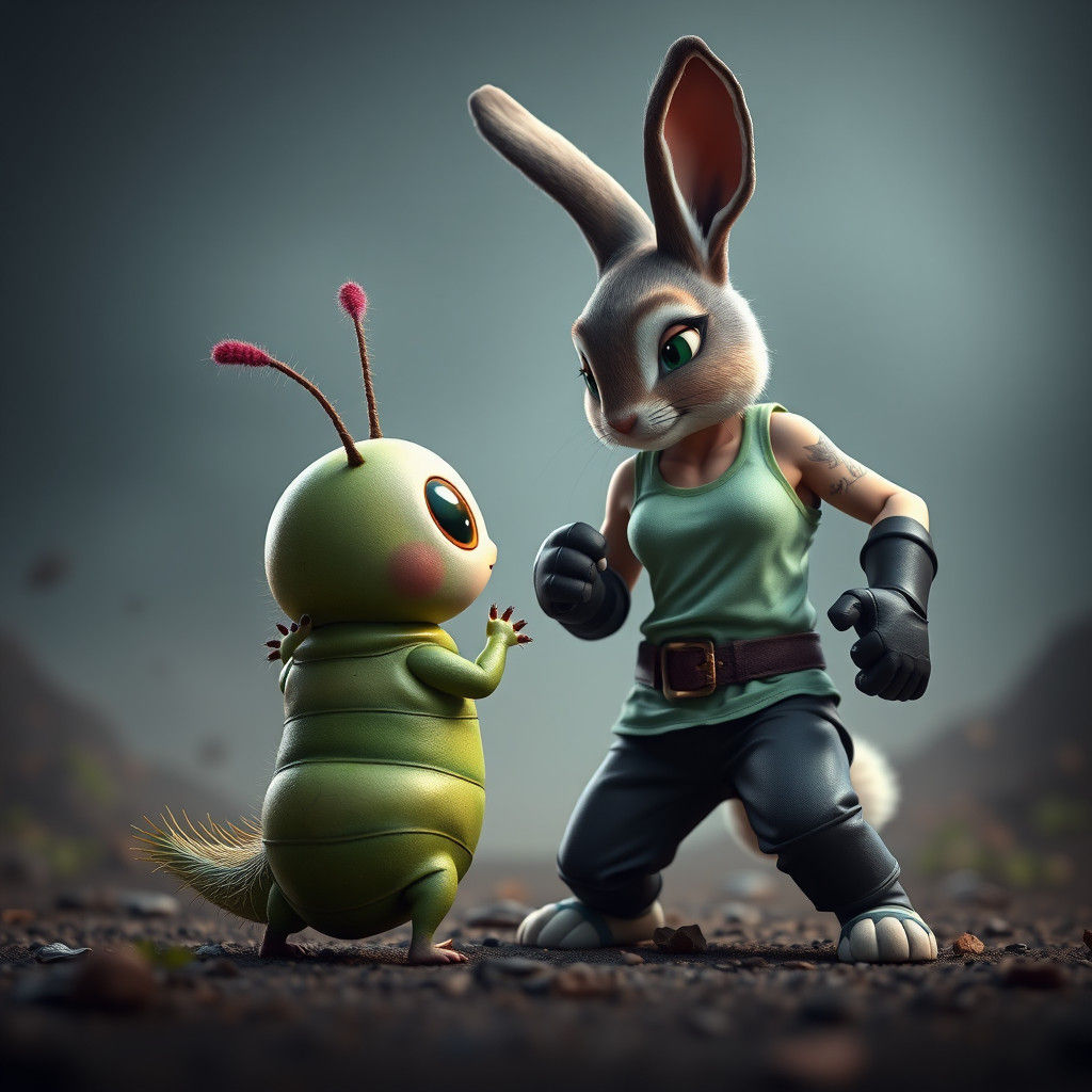 Caterpillar Versus Athletic Rabbit: Detailed Matte Painting