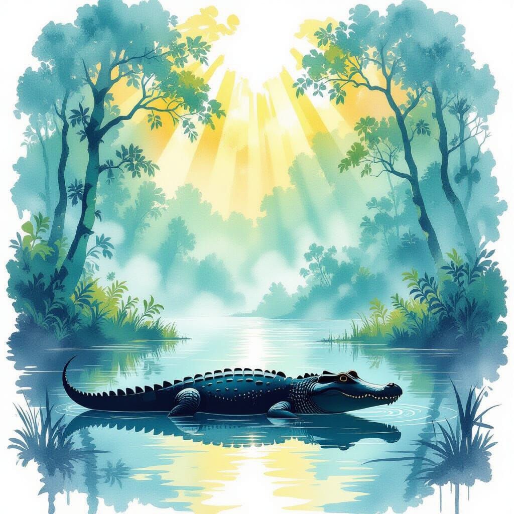 Dreamy Forest Crocodile in Watercolor Style