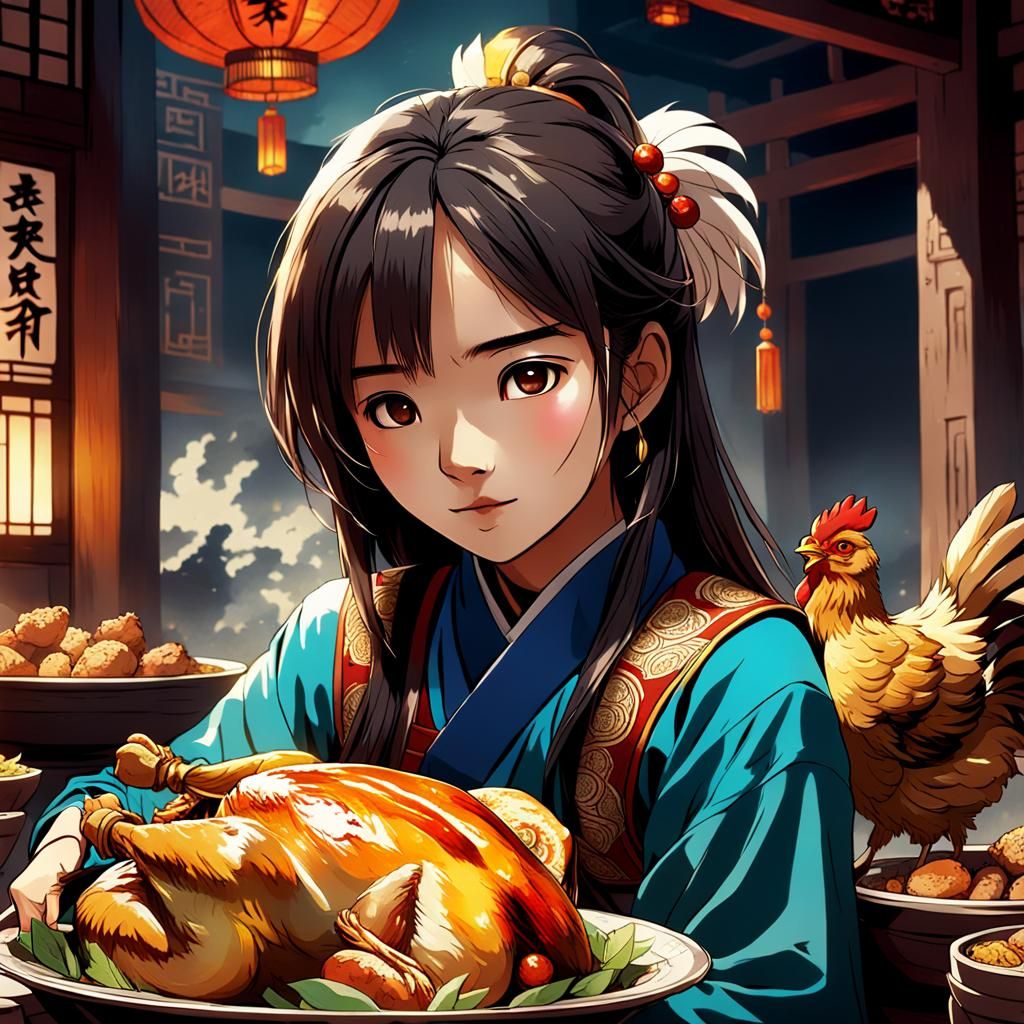 (ancient china) beautiful woman hiding with a roasted chicken
 Masterpiece, Best Quality, flat, Manga Scan, Anime, cinem...