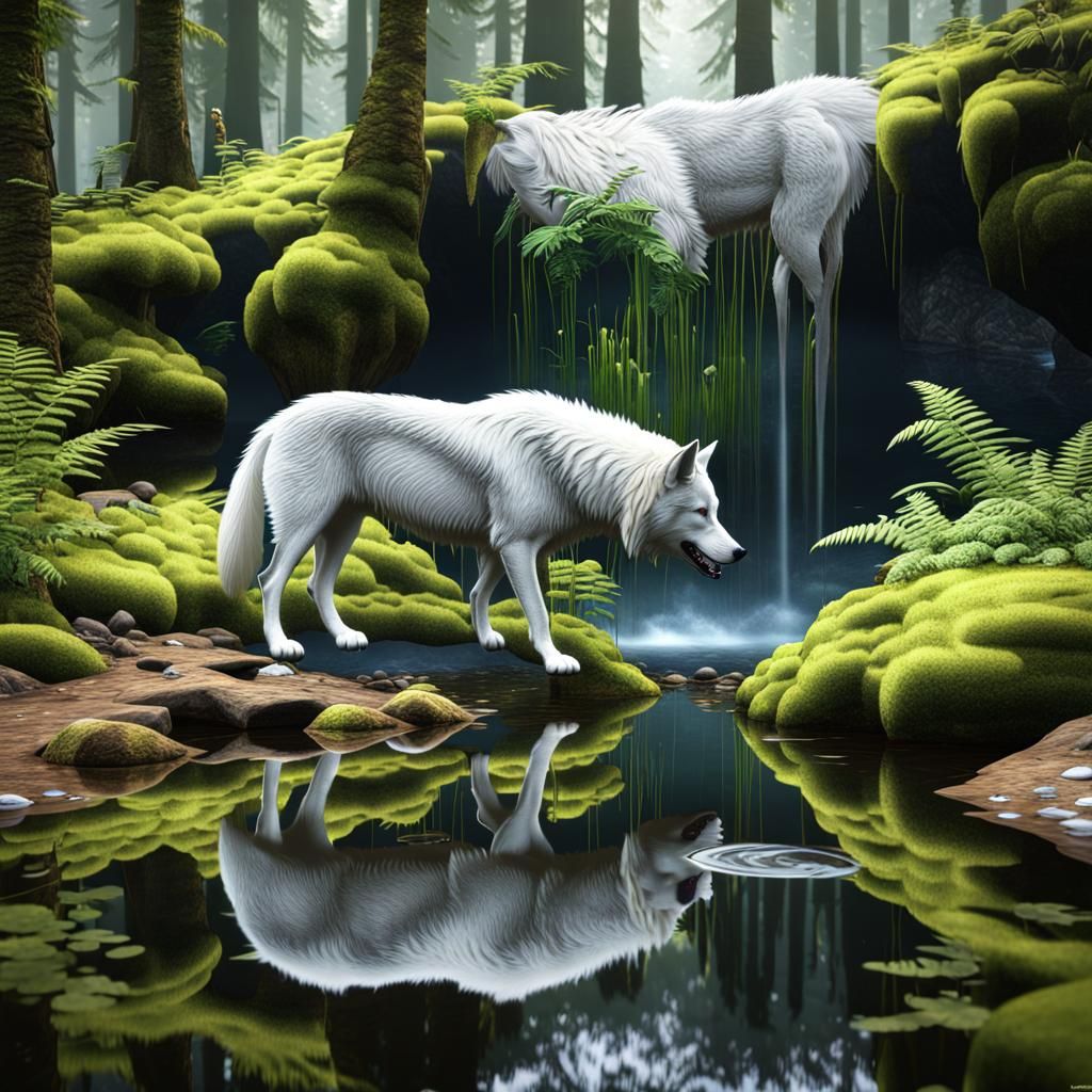 Silver Dire Wolf at Forest Watering Hole