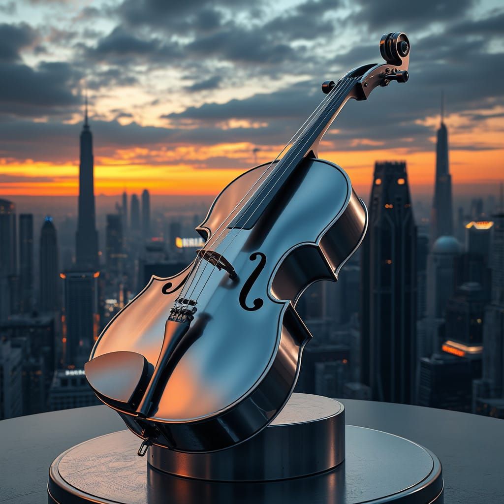 Epic Sci-Fi Violoncello Amidst Futuristic Cityscape