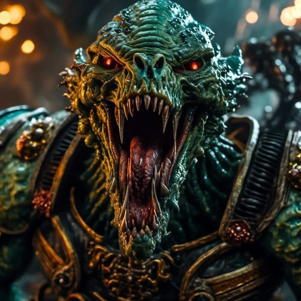 cinematic horror film still, extreme close-up of Captain Titus from Warhammer 40k shooting aliens, absolutely adorable, glowing eyes, transl...