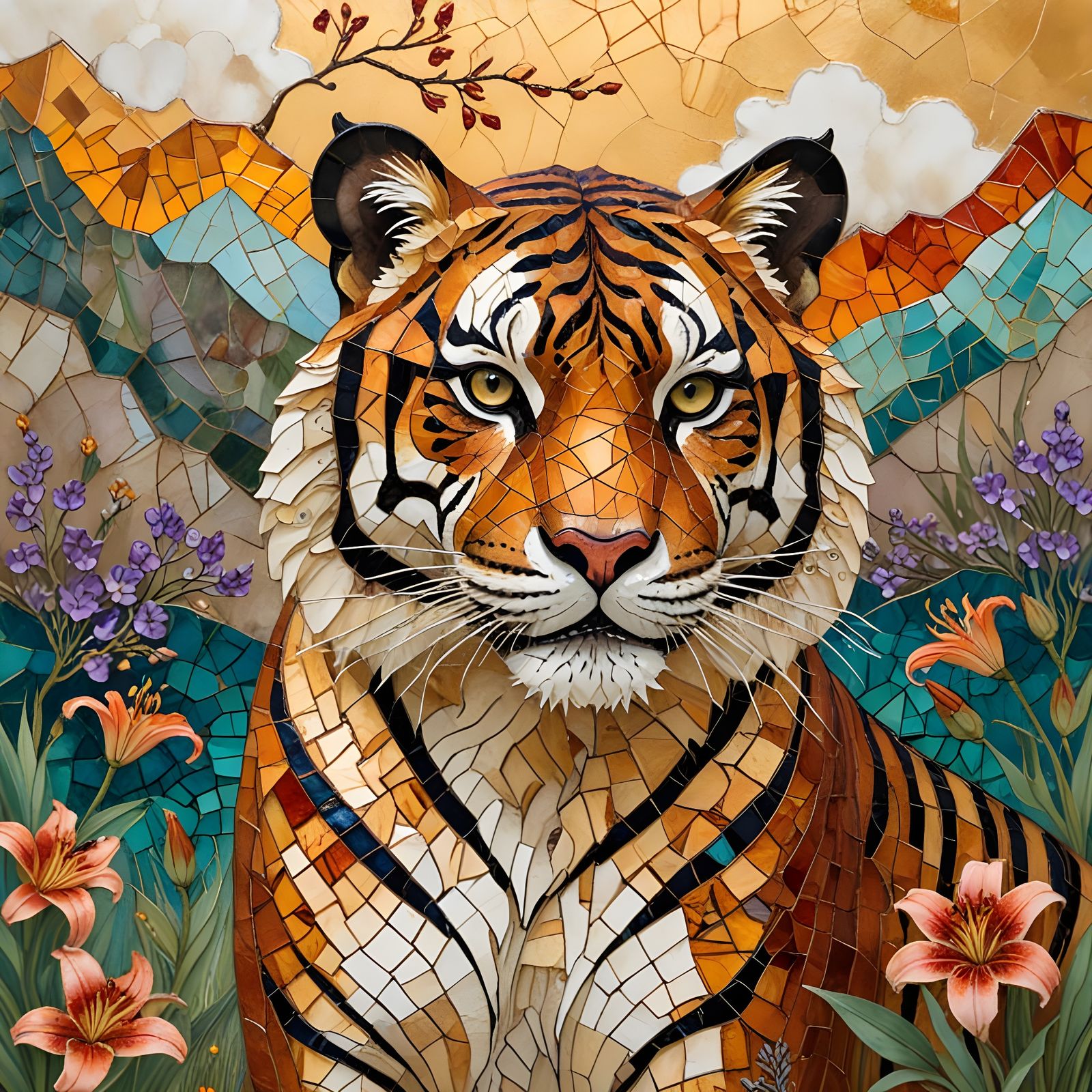 Mosaic Tiger with Tiger Lilies   by @Melanie Rhoades 