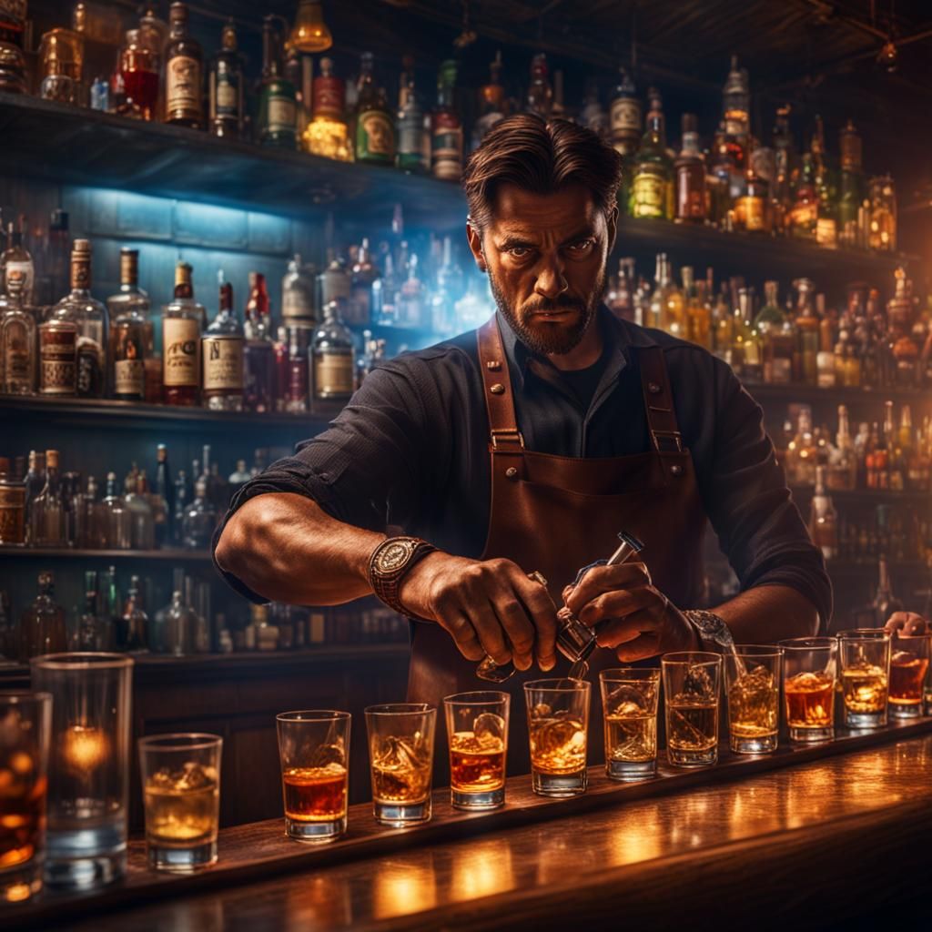 Bartender prepares a chain of enlightened shots.  by @SalvaMalva