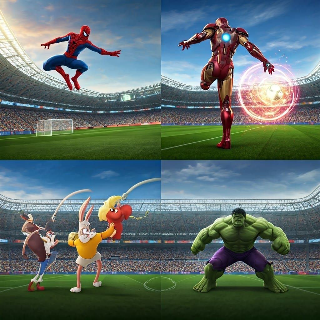 Spiderman in Mid-Air, Soccer Stadium Ablaze with Color and E...