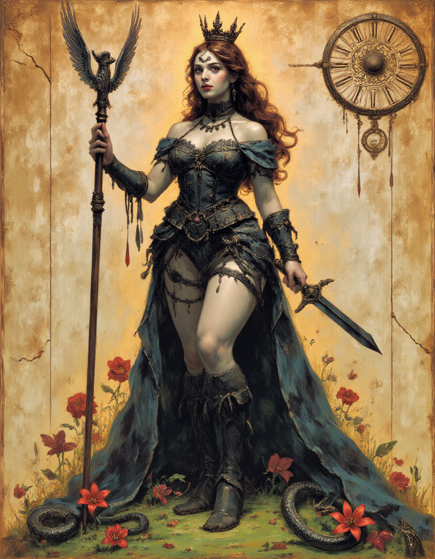 Gravure style, depicting a queen with a curvy figure 10