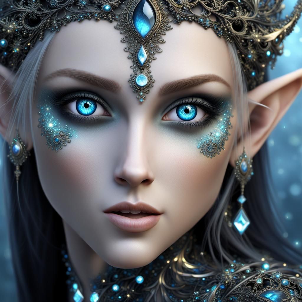 Prompt: unique, amazing fractal, beautiful blue eyed Elf, she is made ...