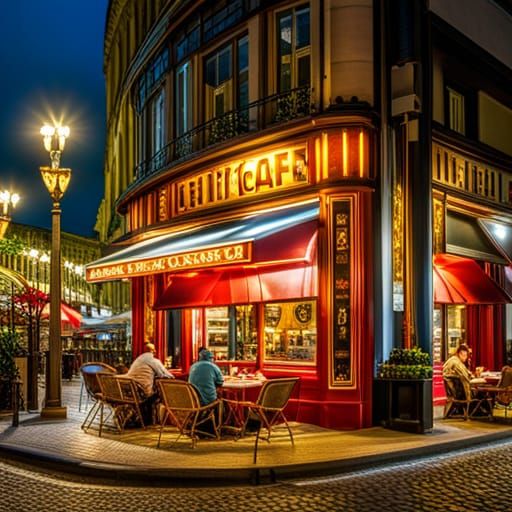 Customers having a good time at Terrasse du café le soir, Pl...