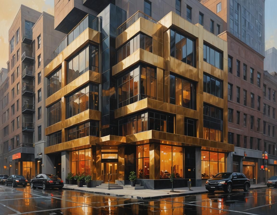 A sleek building exterior featuring geometric shapes, bold lines, and