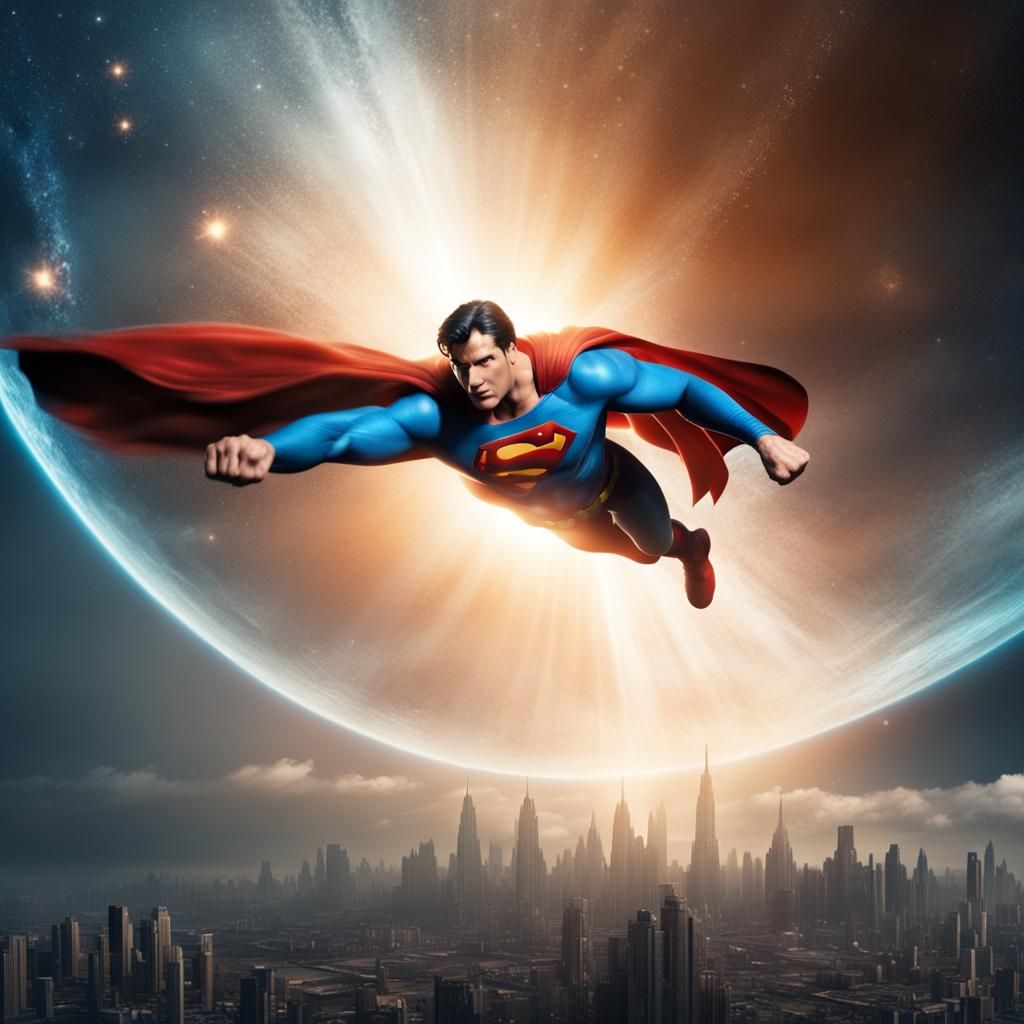 Incredible Superman, flying through space, close to a large ...