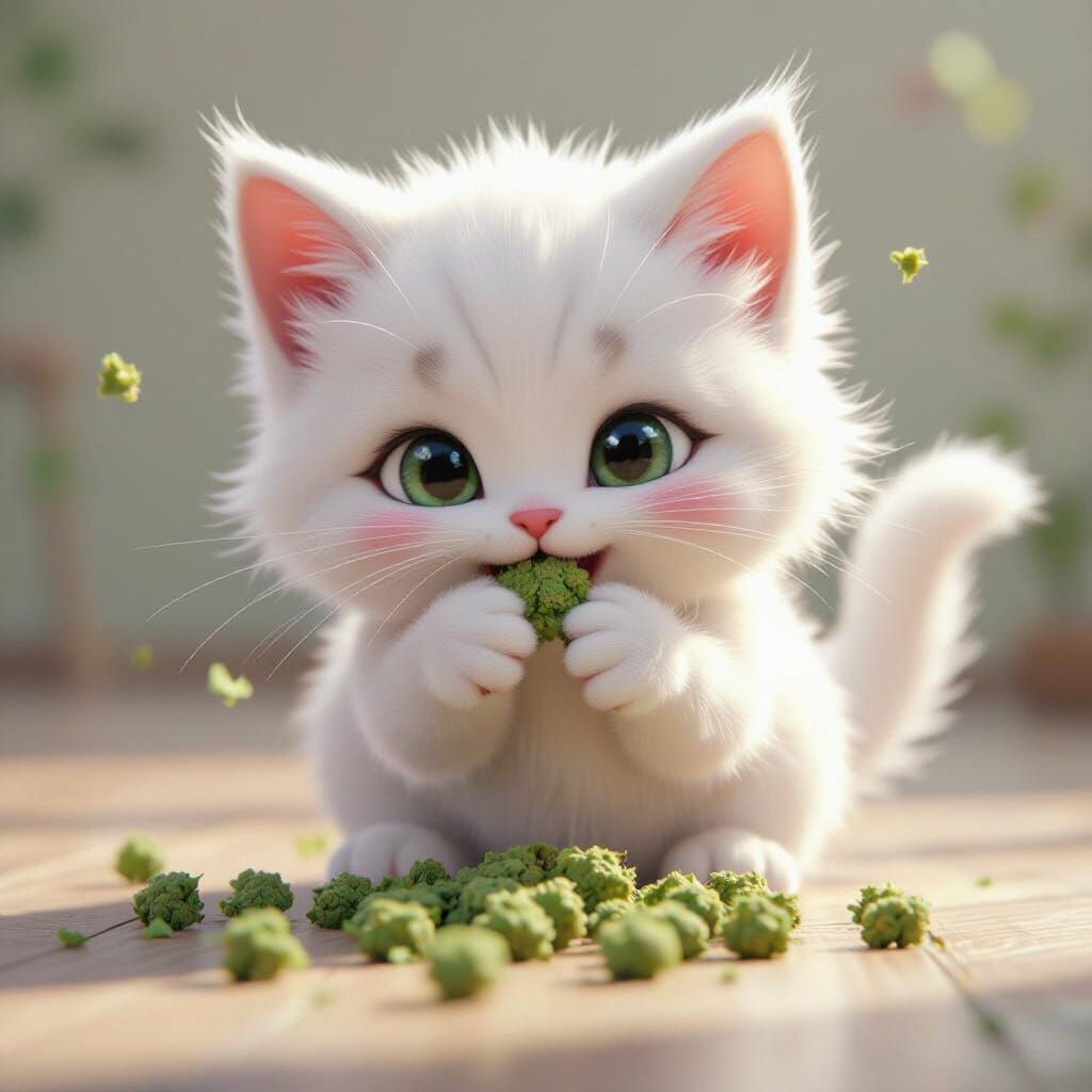 Fluffy Kitten Enjoys Catnip Treats in Vibrant Anime Style