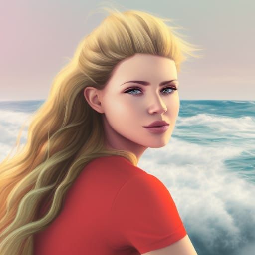 Beautiful woman with wavy blonde hair and a red shirt sittin...