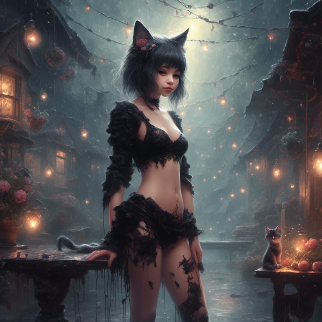 Emo Catgirl wearing black thong <lora:Kyoot:1.0> full body p...