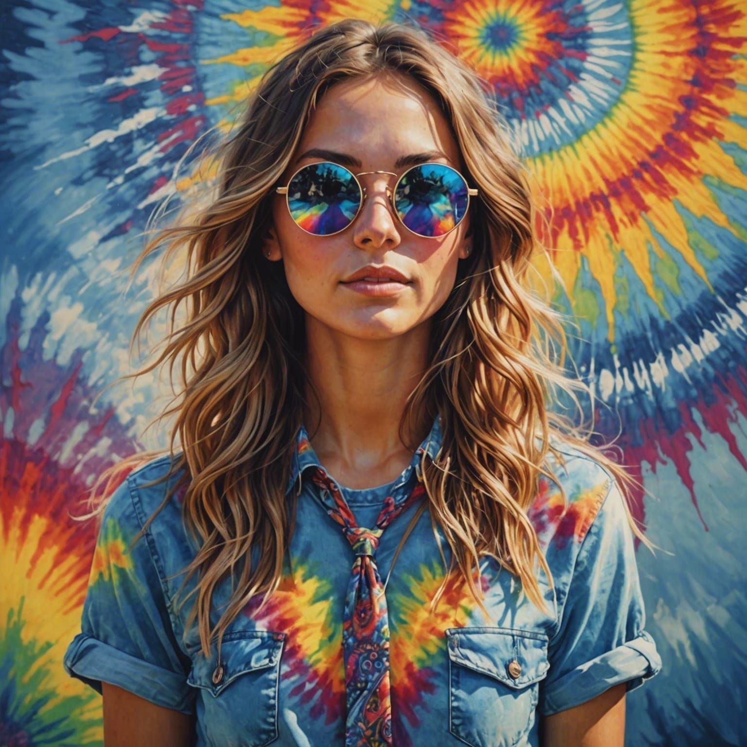 Beautiful Female hippie wearing round sunglasses denim shorts and tie ...