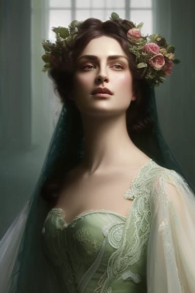Beautiful Woman in a green lace gown,  a masterpiece by by G...