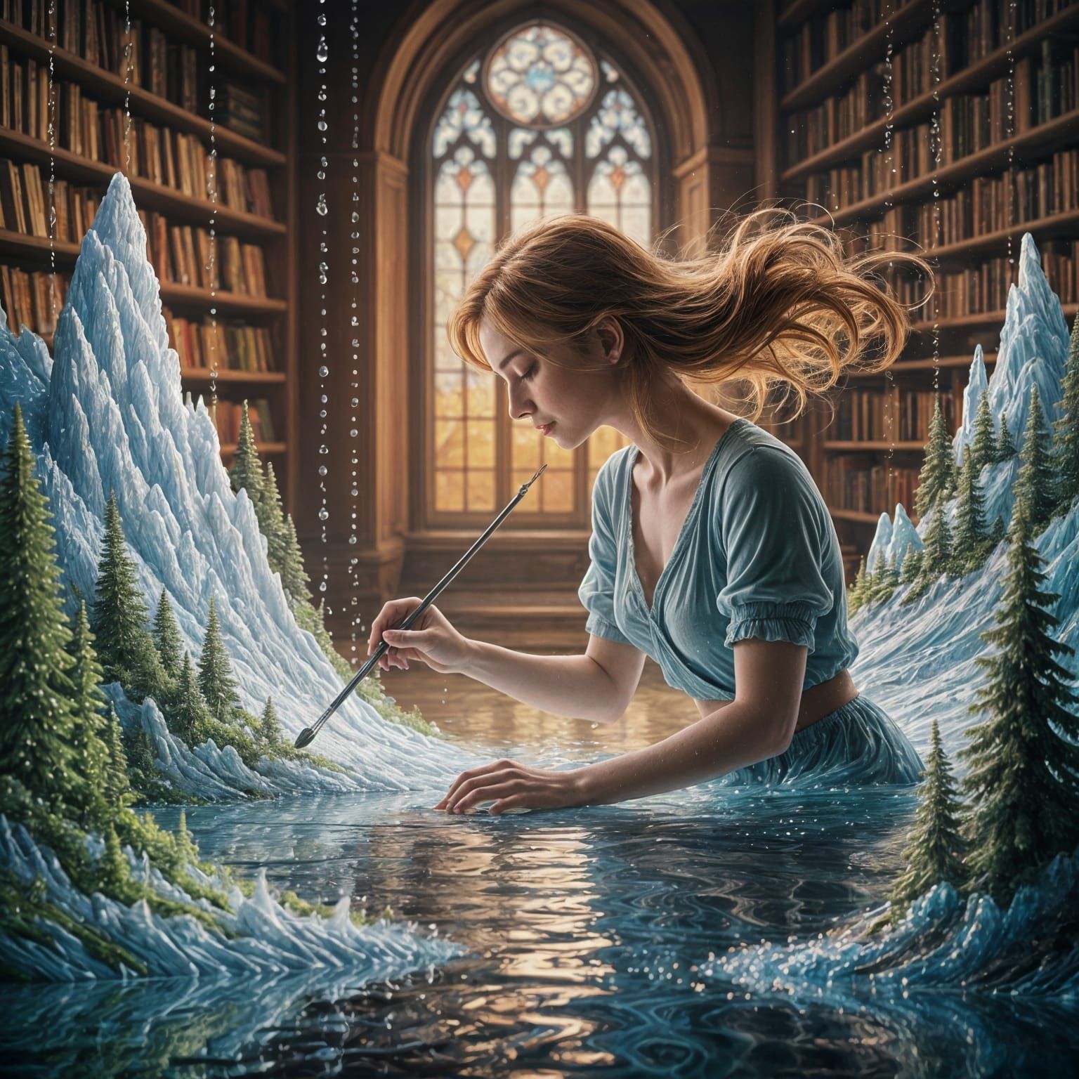 A magical female artist painting on a shimmering canvas made entirely of water. As her brush touches ...  by @Zacharo