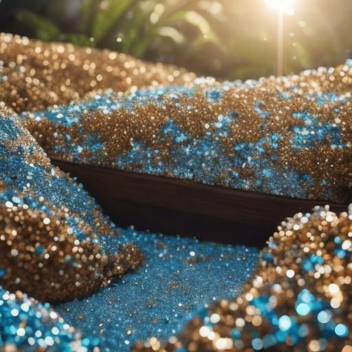 <lora:Glitter-Gala DSv8:1.0> Ground-level shot of a tropical beach, sand is made from crushed gems that sparkle in the sunlight