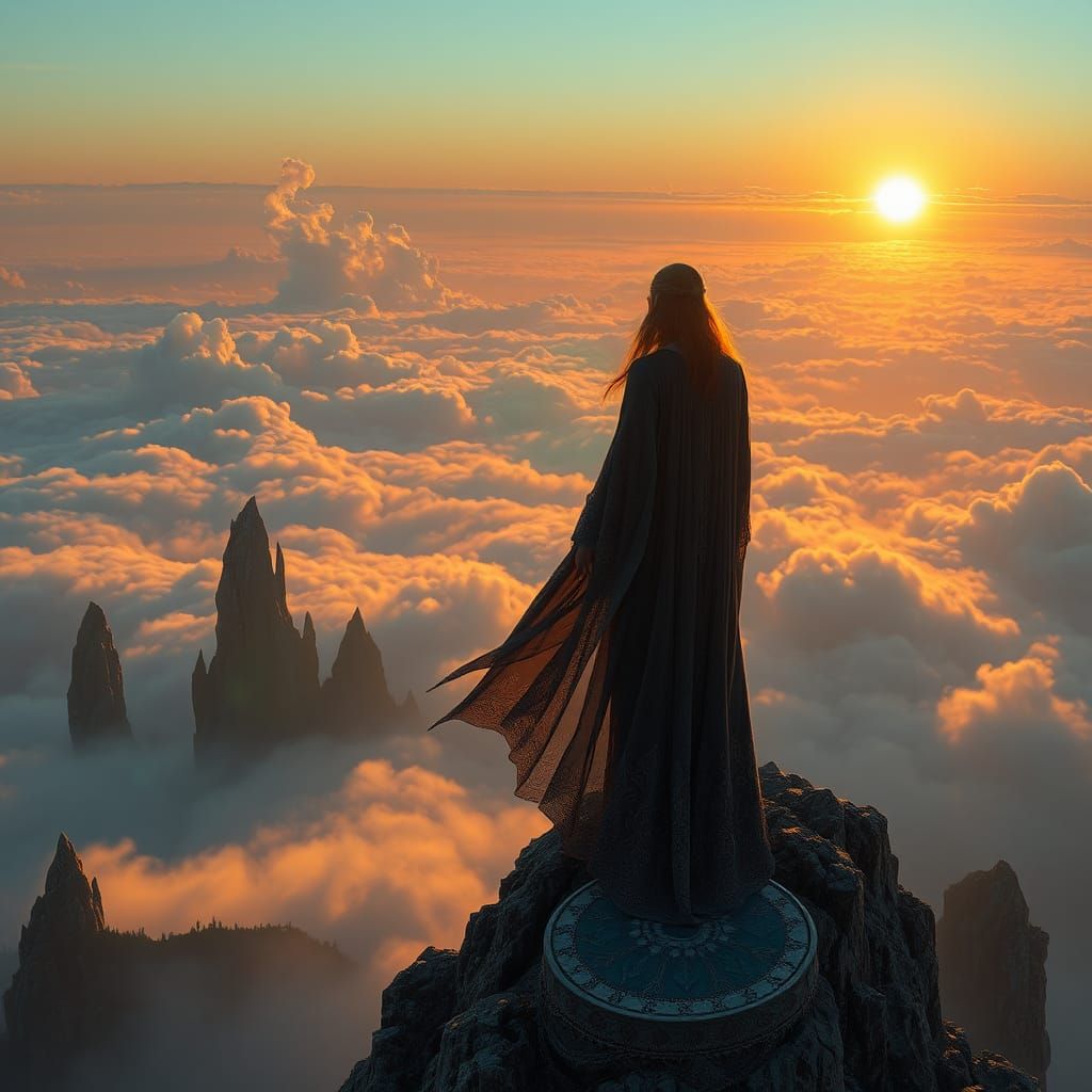 Mystical Warrior on Mountain Peak in Matte Painting Style