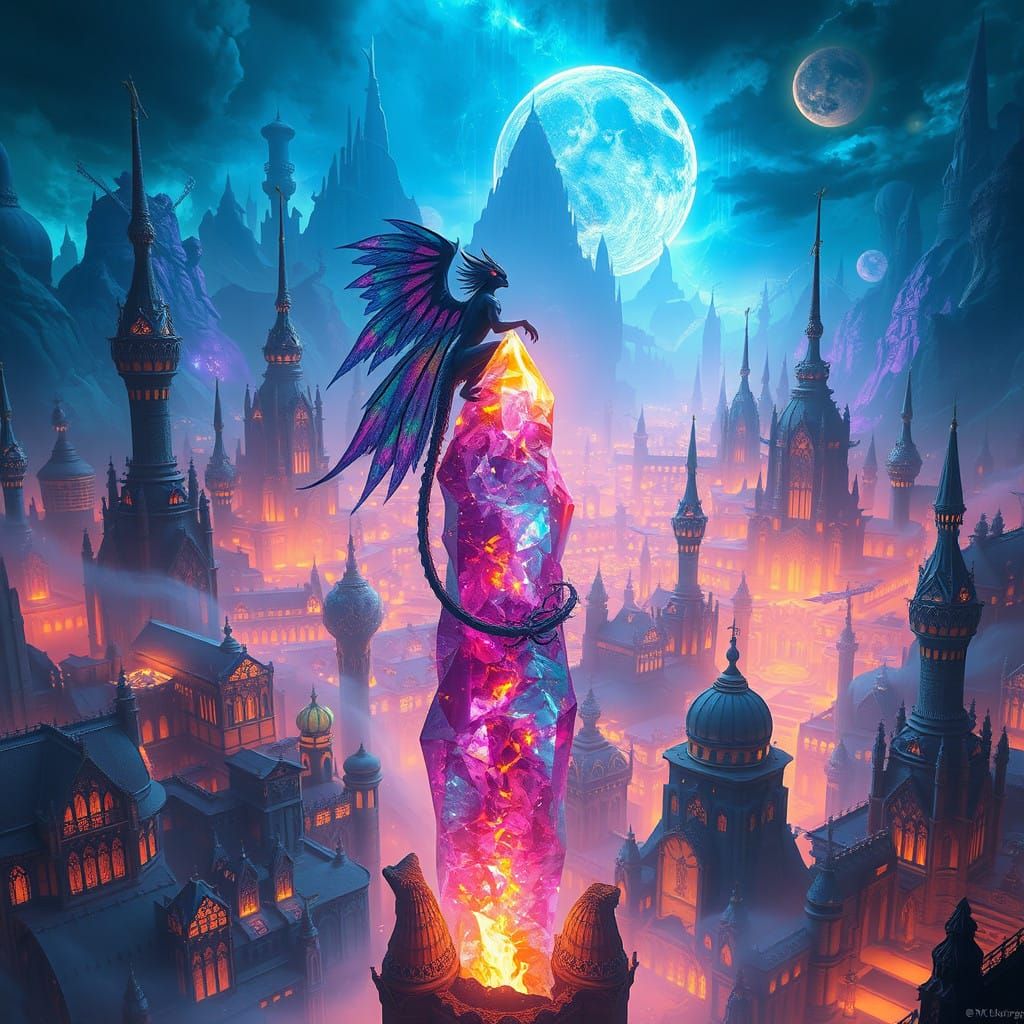 Luminous Gaggi on Crystal Spires in a Dreamlike Metropolis