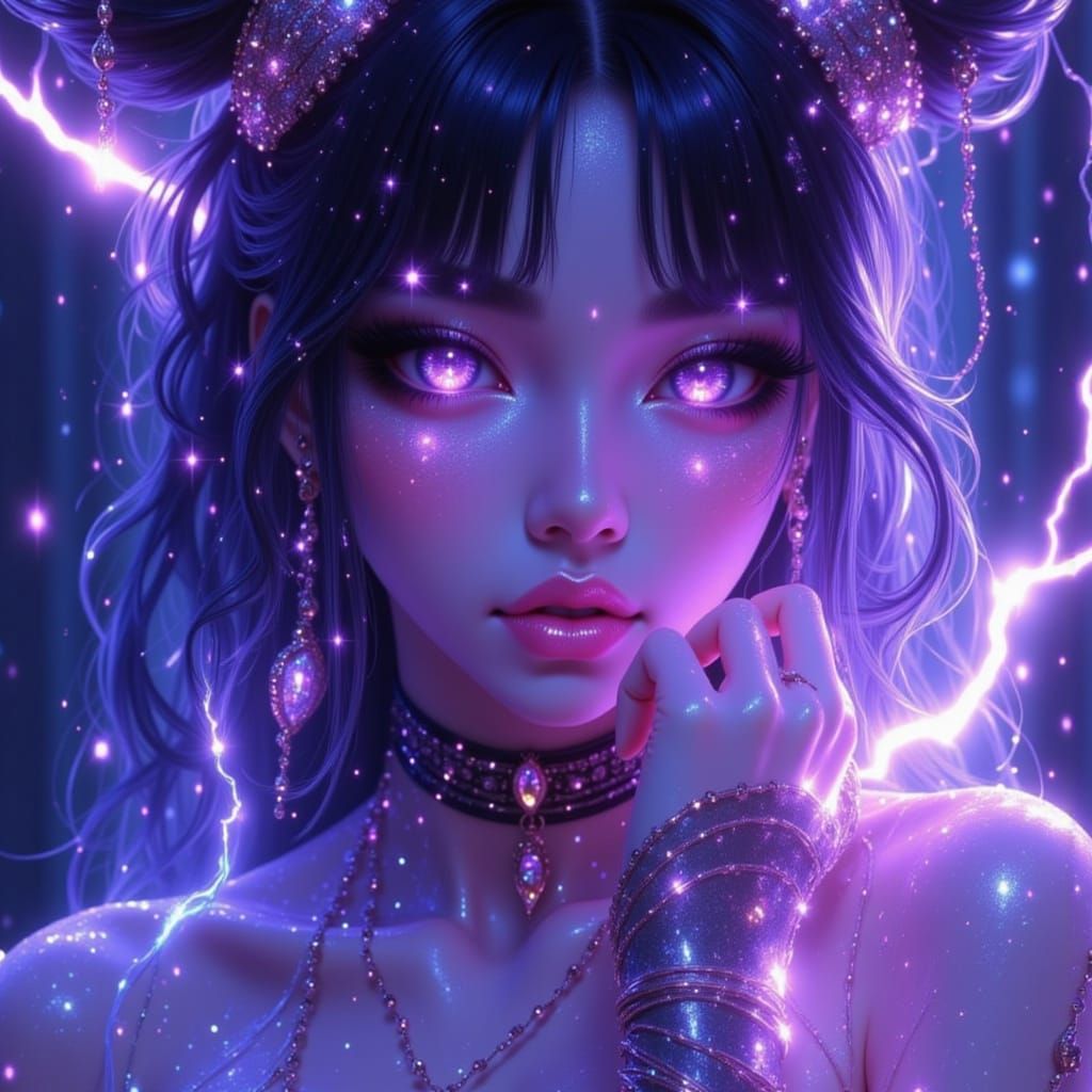 Electric anime goddess with glowing violet eyes, hair crackling with energy, futuristic outfit with magical runes, bolts of lightning spiral...