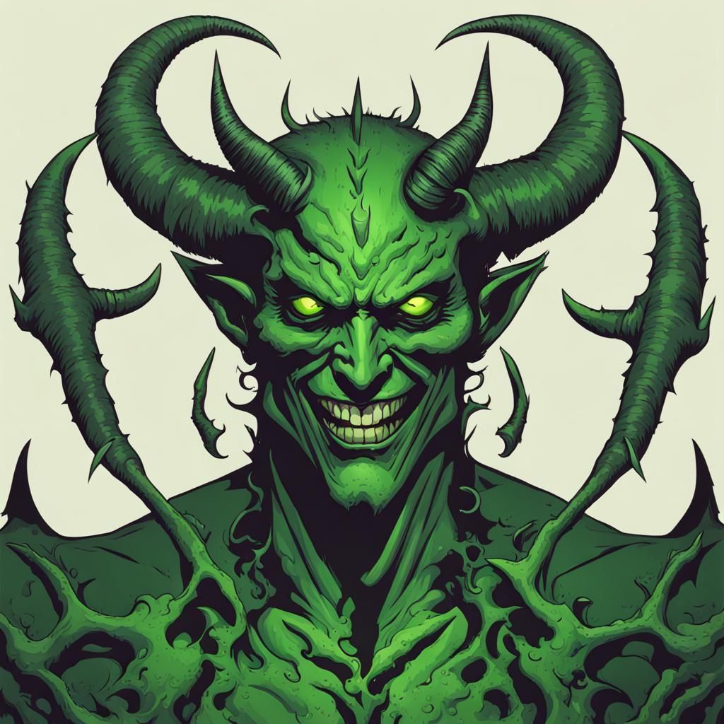 Demonic metal man with many horns. He has a grin like the de...