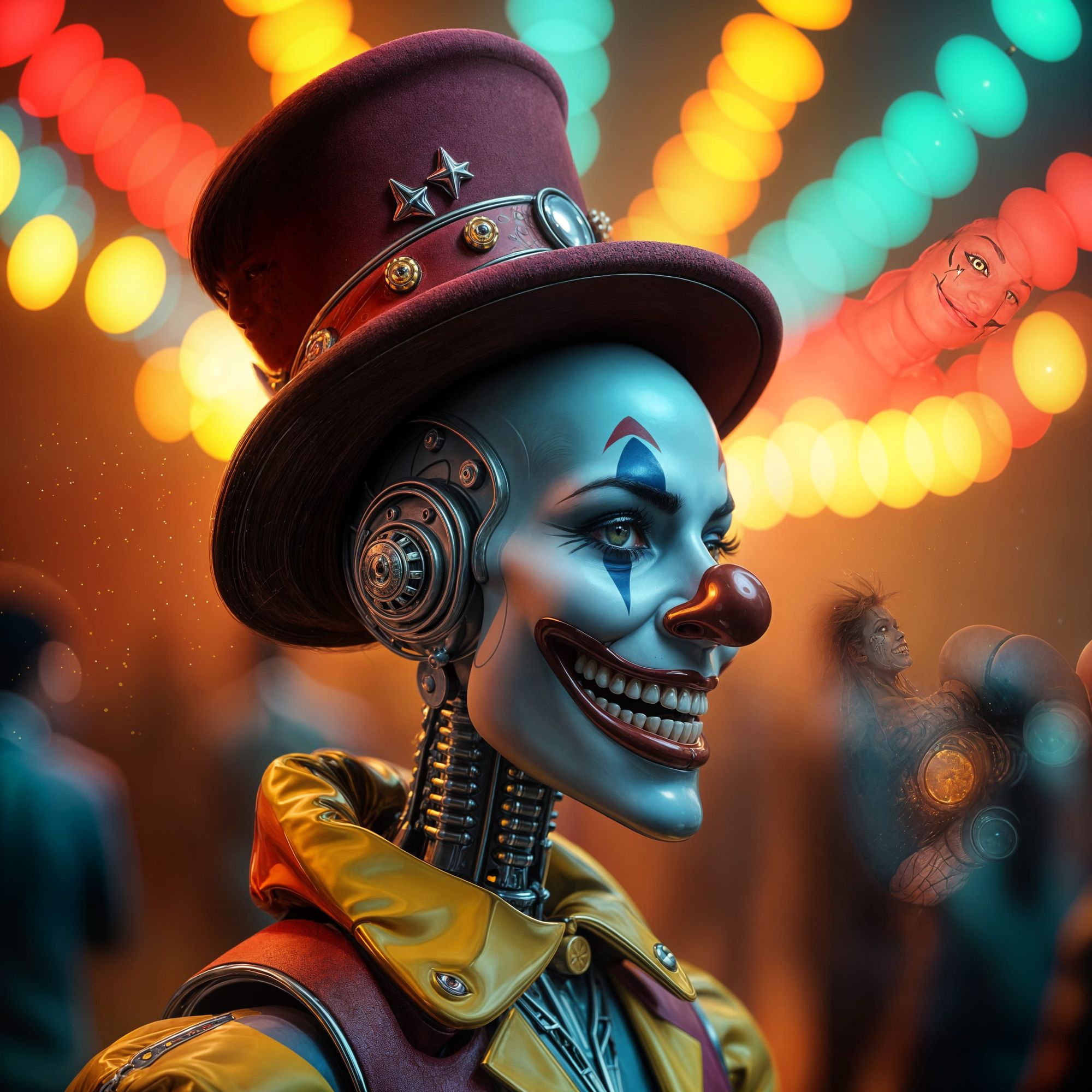 An AI robot circus clown with a top hat and a sinister smile (evolved and AI hallucination)